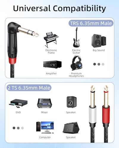 Cable TRS 1/4 a doble TS mono divisor estéreo Y de 6.35 mm 6