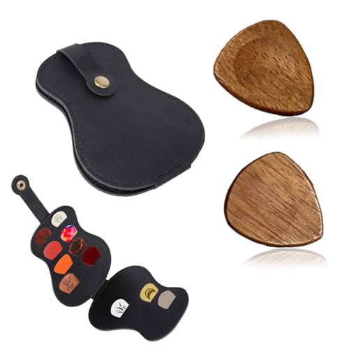 2 Stück Plektren Gitarre Plektrum Guitar Picks, Gitarren Picks Halter PU-Leder Plektren Organizer, Holz-Gitarrenplektren, 2.3 mm Dicke, Gitarrenplektren, für Bassgitarre, Ukulele (Schwarz 1)