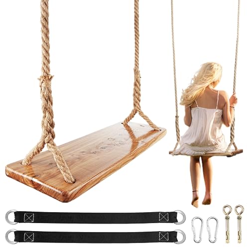 Wooden Tree Swing, 500lbs Load Capacity Heavy-Duty Wooden Swing Seat for Adults & Kids, Adjustable...