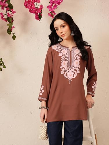 Image of QAZMI Women's Aari Embroidered Viscose Rayon Full Sleeves A-Line Flared Short Kurti