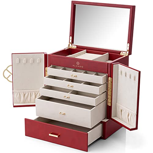 Vlando Joyero grande de 5 capas, organizador de joyas de piel sintética con bandeja extraíble para collares, aretes, anillos, pulseras, vitrina de almacenamiento de joyas para regalo de mujer, color