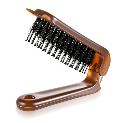 LIQWEI Klappbare Haarbürste, Mini-Haar Bürste Wildschwein Borsten Reisehaarbürste Klein Reise-Haar Bürste Kompakte Haarkamm für Haar wiederherstellung Glanz Glättung (Braun)