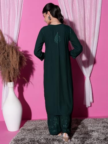 Image of Fashion Chikan Art Women's Lucknowi Premium Chanderi Silk Hand-Embroidered Chikankari Kurti & Palazzo Set | Elegant Festive & Casual Wear Ethnic Suit