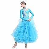 JRUIA Valse Moderne Costume Décalcomanies Concours De Danse De Salon Professionnel Robes pour Femmes Tenue De Danse Tango À Manches Longues en Maille Épissée Grande Balançoire en Tulle,Bleu,XXL