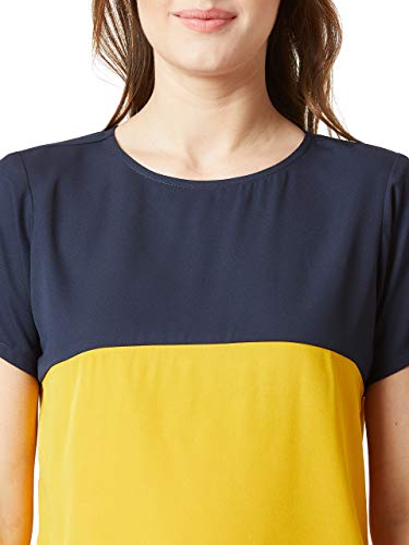 Image of Miss Chase Women's Navy Blue and Yellow Round Neck Boxy Top