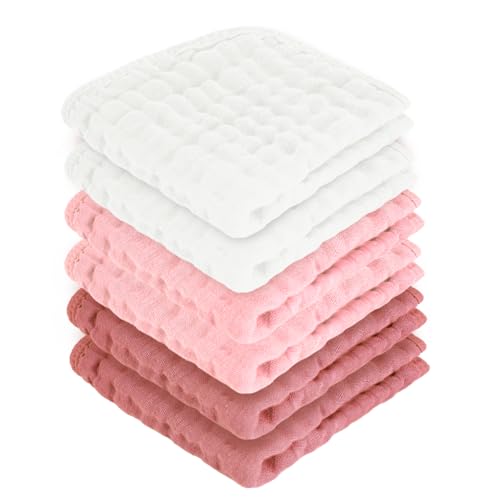 Image of MIGIOL Baby Washcloths 100% Cotton Size is 12x12 inches. Lightweight, Portable, and Ideal for use at Home or on The go. (White & Pink 6 Pieces)
