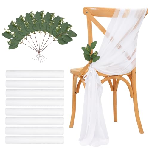 Lot de 8 housses de chaise de mariage blanches 26 x 240 cm – Décoration de chaise en tissu tulle avec nœud, ceintures de chaise en mousseline pour banc...
