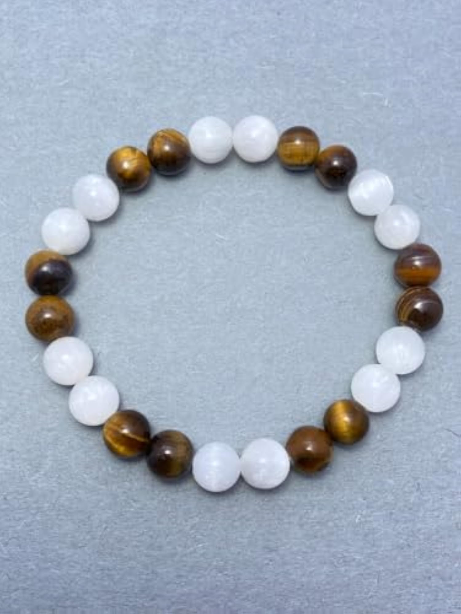 Natural Selenite & Tigers Eye 8mm Round Beads Stretchable Bracelet