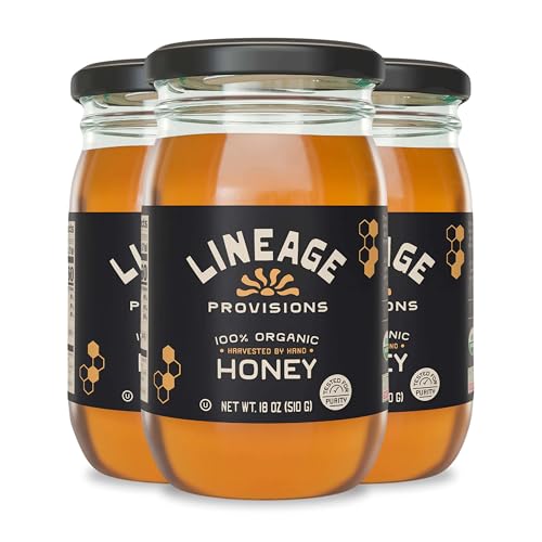 Lineage Provisions 100% Organic Raw Unfiltered Honey – 3-Pack (18 oz Glass Jars) – Undetectable Glyphosate, Chemical-Free, Gluten-Free & Non-GMO – Undergoes no heating, processing, straining, or additives – Hand-Harvested Pure Honey