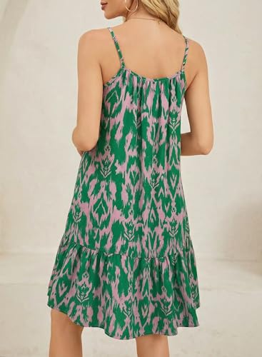Image of Dokotoo Summer Dresses for Women 2026 Spaghetti Strap Sexy Deep V Neck Smocked Ruffle Flowy Boho Dresses