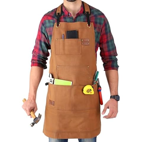 WHITEDUCK Work Apron 24oz Woodworking Apron for Men Waxed Heavy Duty Canvas Apron with Pockets (Brown) Cover