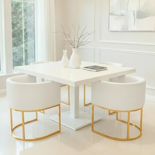 Image of HNY Mid Century Modern Upholstered Barrel Dining Chair with Arms, Linen Kitchen & Dining Room Chair for Dining Room Living Room with Gold Metal Frame, Cream