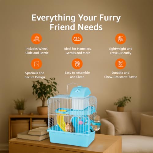 Image of Amazon Basics Hamster, Gerbil, Guinea Pig Cage and Playhouse | Blue | Spacious Plastic Cage for Small Pets | 2 Level | Double Story with Slide, Exercise Wheel and Feeding Bottle | LxWxH-27x 17x 31 Cm
