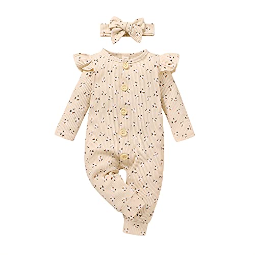 Image of CBHAIBLYD Newborn Baby Girl Clothes Infant Girl Romper Ruffle Long Sleeve Floral Jumpsuit Fall Outfits with Headband (Cream, 0-3 Months)