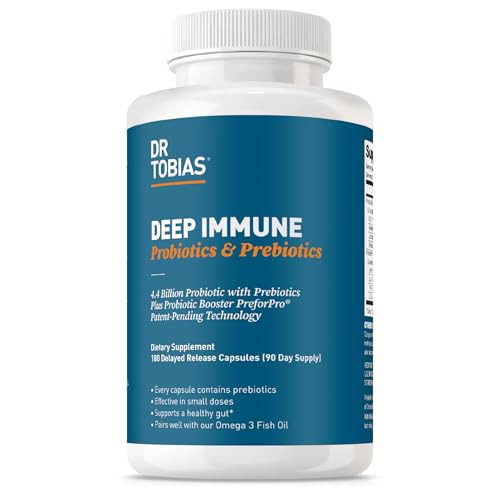 Dr. Tobias Deep Immune Probiotics & Prebiotics, Dual Action Digestion & Immune Support with PreforPro Prebiotics & Delayed Release Spore Forming Probiotics for Women & Men, 180 Capsules, 90 Servings