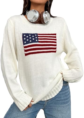 GORGLITTER Women&#39;s American Flag Graphic Long Sleeve Sweater Knit Round Neck Pullover Top