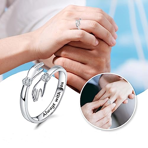 2Pcs Always with You 925 Silver Hug Ring for Women Teen Girls, Adjustable Ring Jewelry Promise Ring, Best Birthday Gift Christmas Gift2