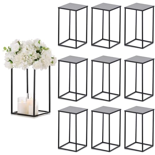 Sziqiqi Wedding Centerpieces Vase for Tables with Plates - 10 Pcs Metal Column Geometric Flower Stand 15.7in Black Flower Display Rack Decorations for T-Stage Reception Party Fiesta Event Home