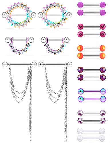 Boernfnso 14g Nipple Rings Surgical Grade 316L Stainless Steel Nipple Rings Nipple Shield Nipple Piercing Kit Plastic Nipple Rings Glow in The Dark Nipple Rings CZ Diamonds Nipple Rings,Purple(N-BOE-0079)