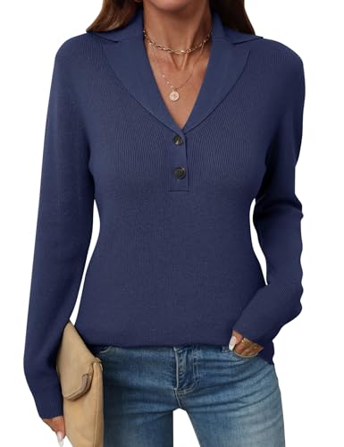 Image of LOMON Sweaters for Women 2025 Fall Knitted V-Neck Collared Button Pullover Dressy Casual Long Sleeve Polo Shirts Business