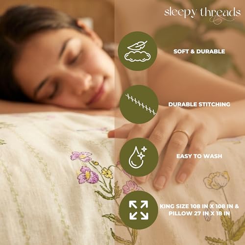 Image of Sleepy Threads King Size Blended Cotton Bedsheet with Soft and Breathable Fabric, Wrinkle Free Golden Brown Leaf Print Bedroom Bedding Set, 1 Bedsheet with 2 Pillow Cover (108x108 Inch, Light Beige)
