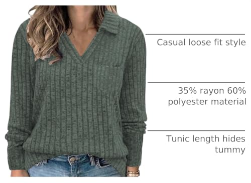 Image of VISLILY Womens-Plus-Size-Tops Collared V Neck Polo Shirts Lightweight Long Sleeve Sweaters Trendy Pocket Decor Tunic Blouses