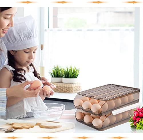 Egg Holder for Refrigerator, Double Layer Fridge Egg Trays 36 Grids, Auto Rolling Egg Organiser Egg Storage, Smart Way to Ensure Older Eggs Get First (Light Brown)