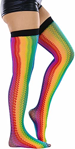 Image of ToBeInStyle Women's Rainbow Bright Multicolor Nylon Thigh High Stockings