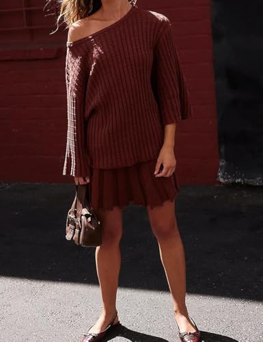Image of Sweater Set Two Piece Skirt Sets for Women Long Sleeve Two Piece Outfits Loose Knit Pullover Mini Skirt