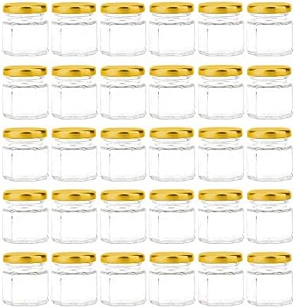 Tebery 30 Pack 1.5oz Mini Hexagon Glass Jars, Honey Jars Small Spice Jars with Gold Lids and Labels, Jam Spices Jars for Gifts, Wedding Party Favors, DIY, 45 ML