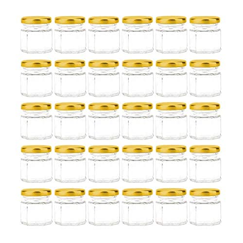 Tebery Lot de 30 mini bocaux hexagonaux en verre de avec couvercles dorés et étiquettes, pots à miel pour épices, cadeaux, cadeaux de fête de mariage, bricolage et plus encore, 45 ml Cover