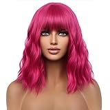 WTHCOS Hot Pink Wig Short Curly Wavy Wig with Bangs Rose Red Wig for Women Magenta Wig Neon Pink Wig Synthetic Wigs for Cosplay Costume Party with Wig Cap