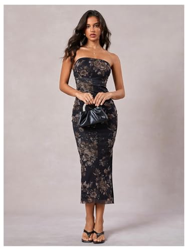 Image of Milumia Women's 2026 Summer Floral Bodycon Maxi Dress Strapless Tube Top Long Dresses Wedding Guest Party