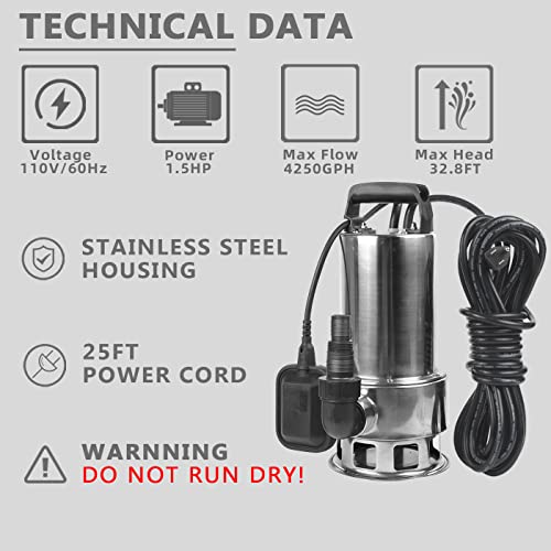 1.5HP 4250 GPH Stainless Steel Sump Submersible Clean Dirty Heavy Duty Drain Water Transfer Pump Pool Pond Flood Pump Black