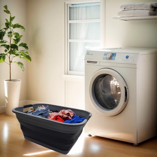 Image of SAMMART 41L (10.8 gallon) Collapsible Plastic Laundry Basket - Foldable Pop Up Storage Container /Organizer - Portable Washing Tub - Space Saving Hamper /Basket, (Rectangular, Grey /Black)