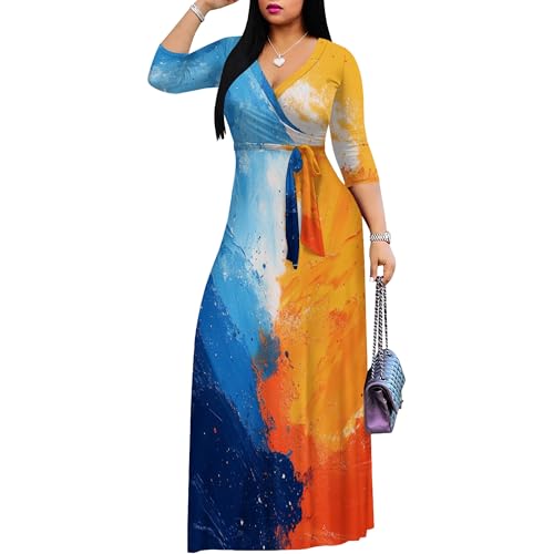 Image of PinkPatty Women's Print Maxi Dresses 3 /4 Sleeve Flowy Long Dress V Neck Wrap Tie Waist Sundress
