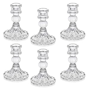 6 Pack Glass Candle Holders, Clear Candle Stick Holders for Candlesticks, 4″ H Stripe Crystal Candle Holders Decorative Candle Stand Centerpiece for Wedding, Festival, Dinning Party Table Decor