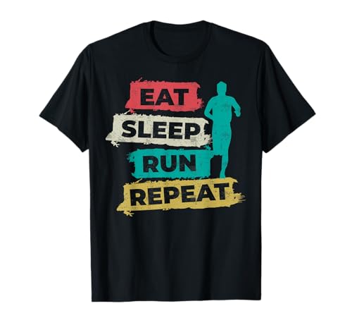 Funny Running & Runner Gift - Camiseta Hombre Unisex-adultos Manga Corta Pequeño Negro Eat Sleep Run Repeat - Deportivo Transpirable Ligero