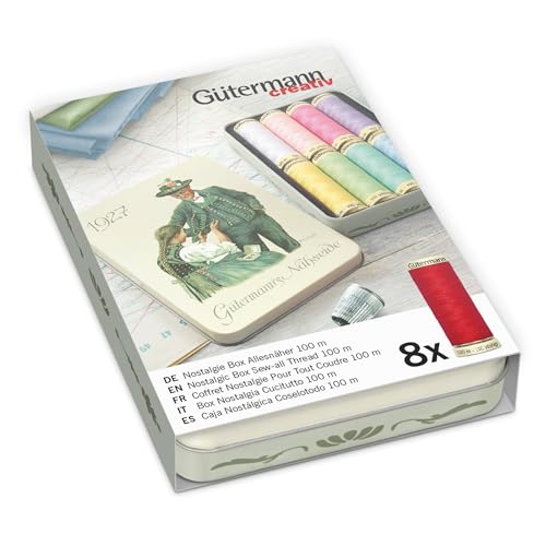 Gutermann Creativ Coselotodo - Set de regalo de hojalata nostálgico, 100m 8 bobinas, 100% poliéster, cosido a mano y a máquina, Colores pastel