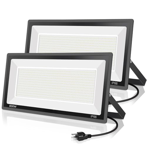 YANYCN 2 Pack 800W LED Flood Light Outdoor,3750W Equivalent Super Bright FloodLight with Plug,88500LM 5000K Daylight White IP66 Waterproof Commercial Lighting for Sports Fields,Counts,Arena,Stadium