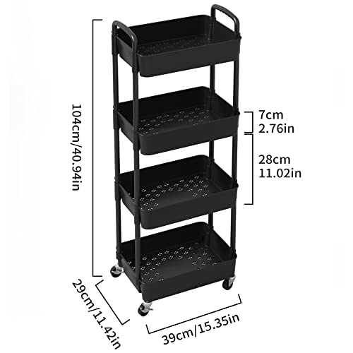 Miniatura 3 de Sywhitta Carrito De Cocina De 4 Niveles, Carro Multiusos Con Ruedas, Carro De Almacenamiento Con Asa, Multifuncional Para Oficina, Salón, Cocina, 39 29 104cm,Color Negro