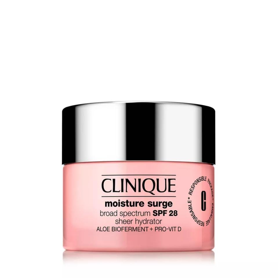 Clinique Moisture Surge Broad Spectrum SPF 28 Sheer Hydrator Face Moisturizer With Hyaluronic Acid, Aloe Bioferment + Provitamin D | Hydrating + Protecting, 1 Ounce
