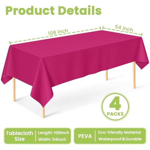 Image of Mulbozy Rose Pink Plastic Tablecloth Disposable 4 Pack, 54 x 108 Inch Table Cloths Rectangle, Hot Pink Plastic Tablecover for Party Decor