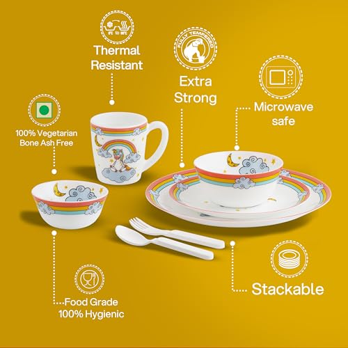Image of CELLO Kidzbee Unicorn Design Set of 7 Pieces Opalware Kids Dinner Set, White | Food Grade Toughened OpalGlass, Microwave & Dishwasher Safe, Bone Ash Free, Stackble Bowls Mug & Plates Kids Dinner Set
