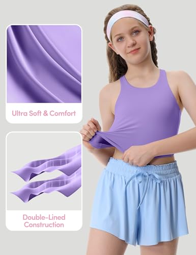 Image of Girls Tank Tops Double Lined Crop Tops for Kids High Crew Neck Racerback Basic Sleeveless Dance Top for Girls