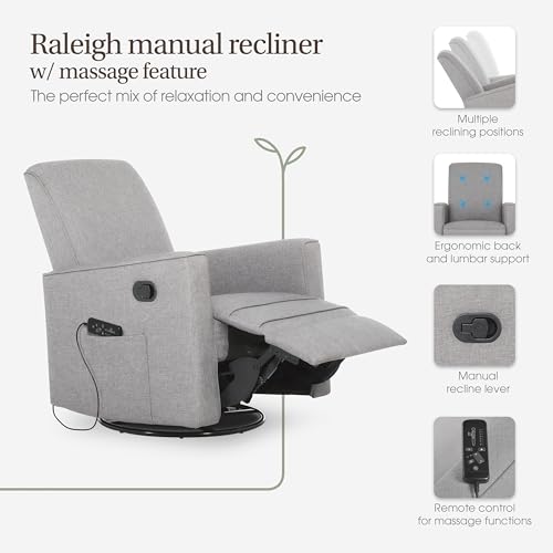 Image of Evolur Raleigh Glider with Massager in Charcoal, Upholstered Plush Seating 360 Swivel Glider Rocking Chair, FSC Certified, Greenguard Gold & JPMA Certified Nursery Glider Recliner