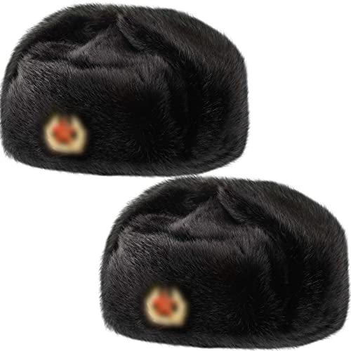 SATINIOR 2 Pieces Russian Hat Ushanka Hat Faux Fur Cap Cossack Trapper Hat Black Beanie Flaps Hat with Badge for Men