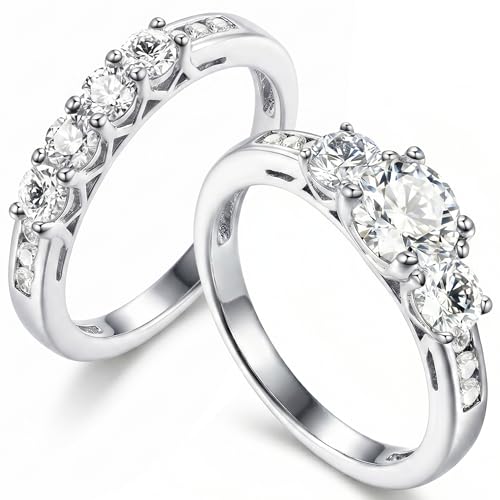 2Ct 925 Sterling Silver Cubic Zirconia 3 Stone Round Cut Wedding Ring Set CZ Engagement Ring for...