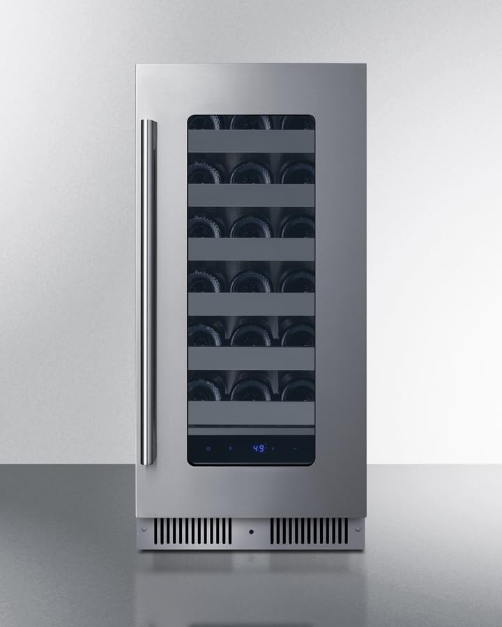Summit 15 Inch Wine Cellar Shallow Depth Wine Refrigerator, Dimmable LED Light, Lock, Commercial or Residencial Use- SDHW1532 (RHD, Stainless Steel)