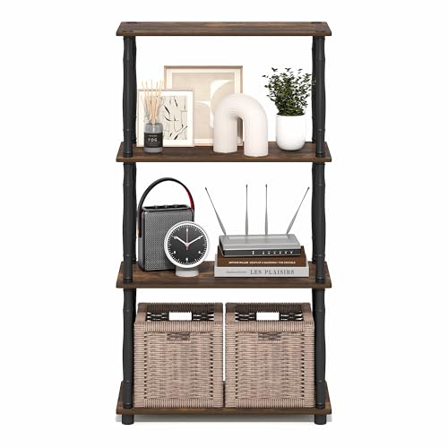 Image of Furinno Turn-N-Tube Storage Shelves, 4-Tier Open Frame Book Shelf, Standing Corner Shelf, Toolless Open Shelves, Classic Tubes, for Organization and Storage, Living Room, Home Office, Amber Pine